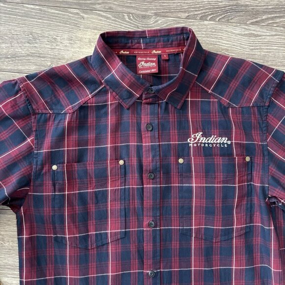 Indian Motorcycle Flannel Mens S Red/Blue Plaid Short Sleeve Button Down Bikers - Picture 2 of 16